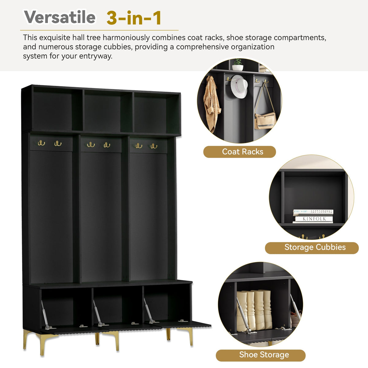 Wardrobe Set with Bench, Multifunctional Storage, Open Storage, 6 Golden Hooks, Black