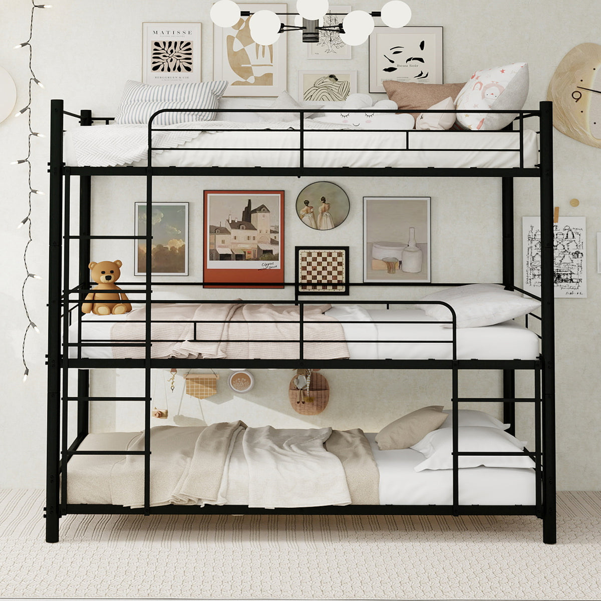 Three-Tier Bed Frame 90x190cm with Ladder & Guardrails