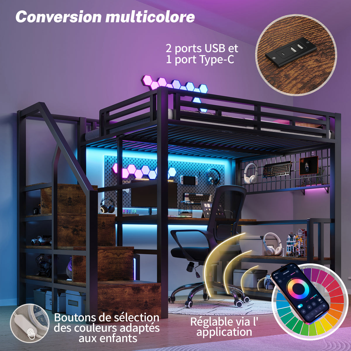 Loft Bed 140x200cm with Desk & Storage Staircase, Black Metal