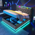 Upholstered Bed, Double, 360-Surround LED, Hydraulic Storage, USB-C, Gray Linen