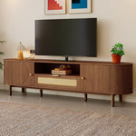 Modern TV Cabinet Rattan Drawers Open Shelves Rounded Top Wood Look Metal Legs