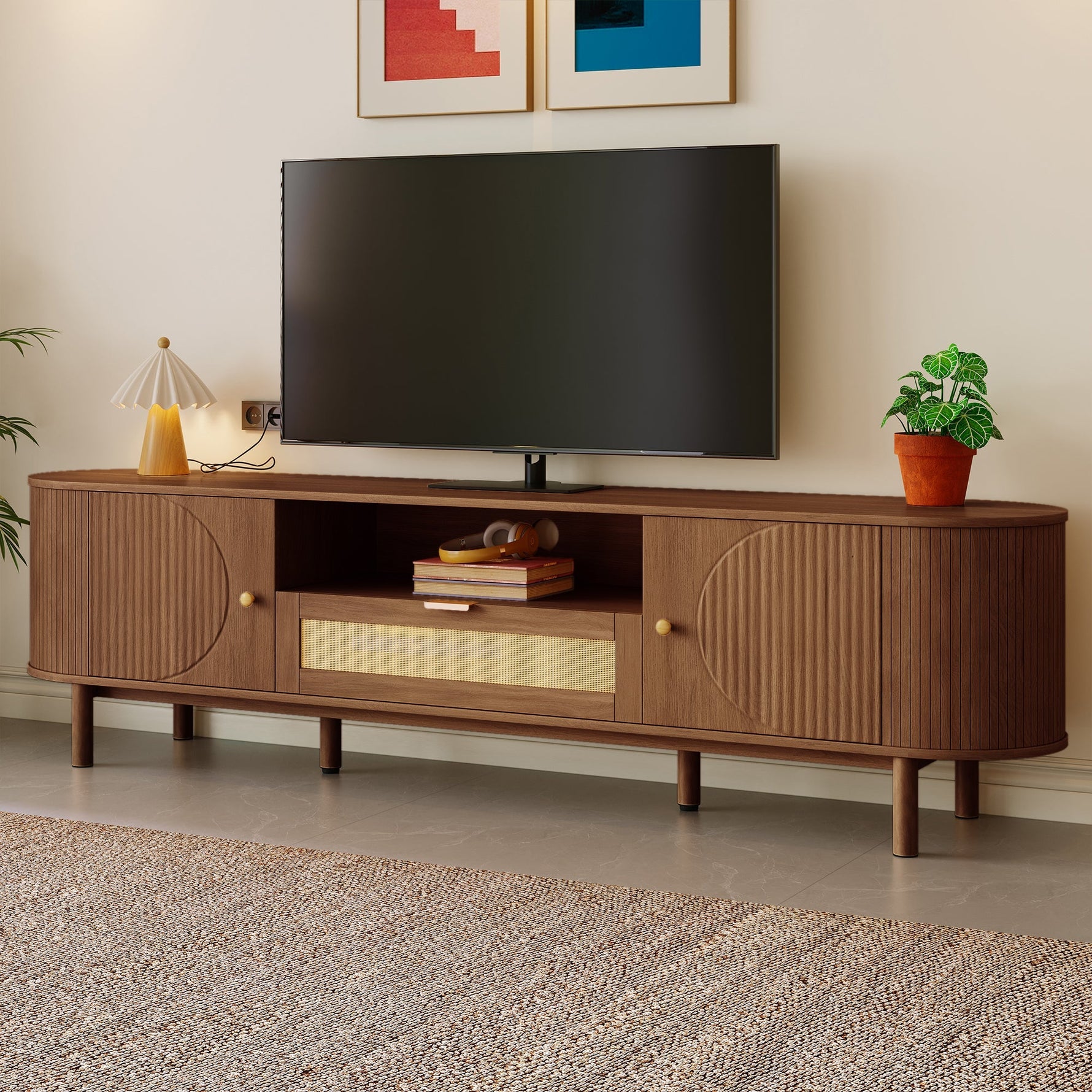 Modern TV Cabinet Rattan Drawers Open Shelves Rounded Top Wood Look Metal Legs
