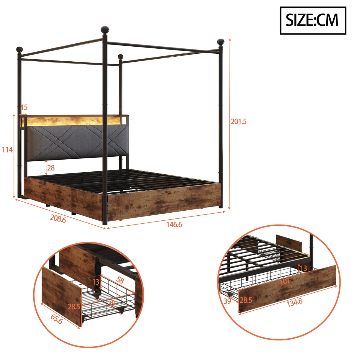 Multifunctional Double Bed 140x190 Storage Canopy LED USB Drawers, Black