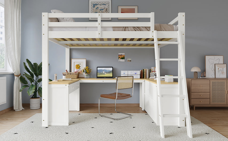 Loft Bed with U-Shaped Desk & Drawers 140x200cm - White & Natural