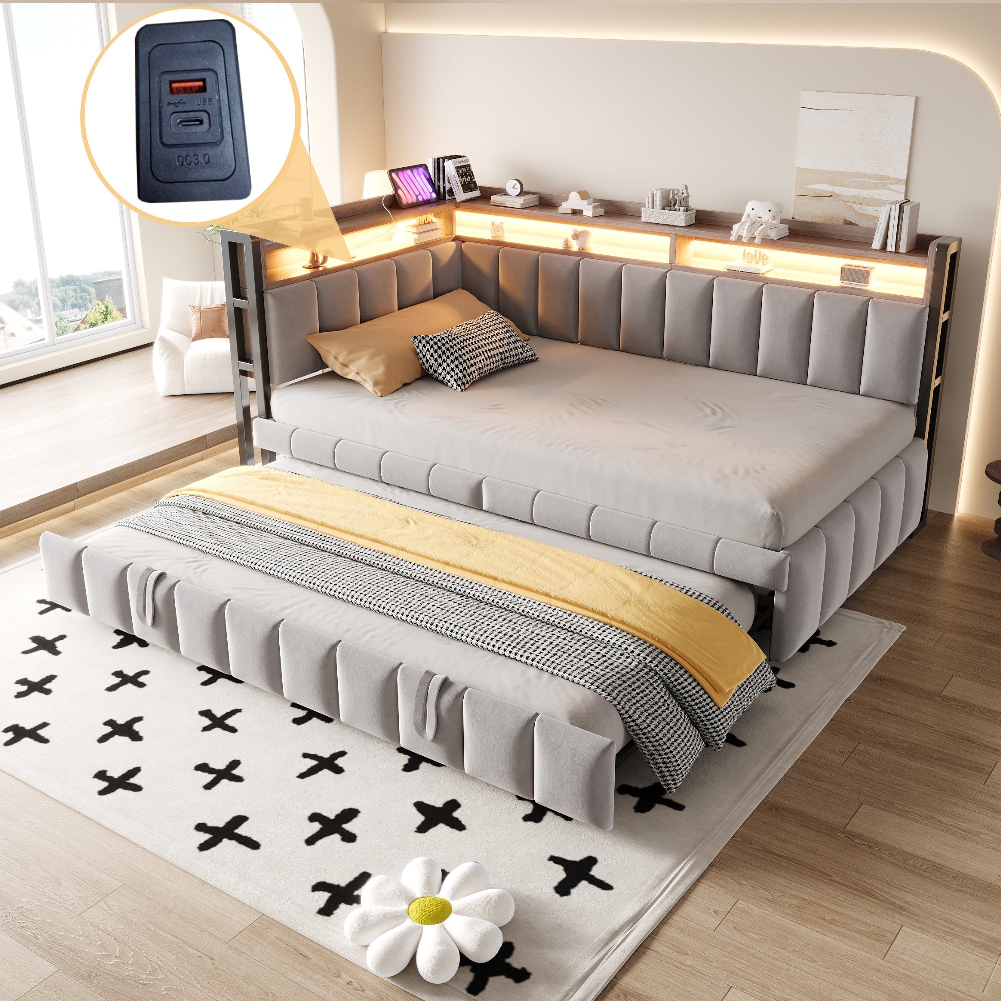 Upholstered Sofa Bed 90x200cm Pull-out LED Storage USB/Type-C Light Grey Velvet