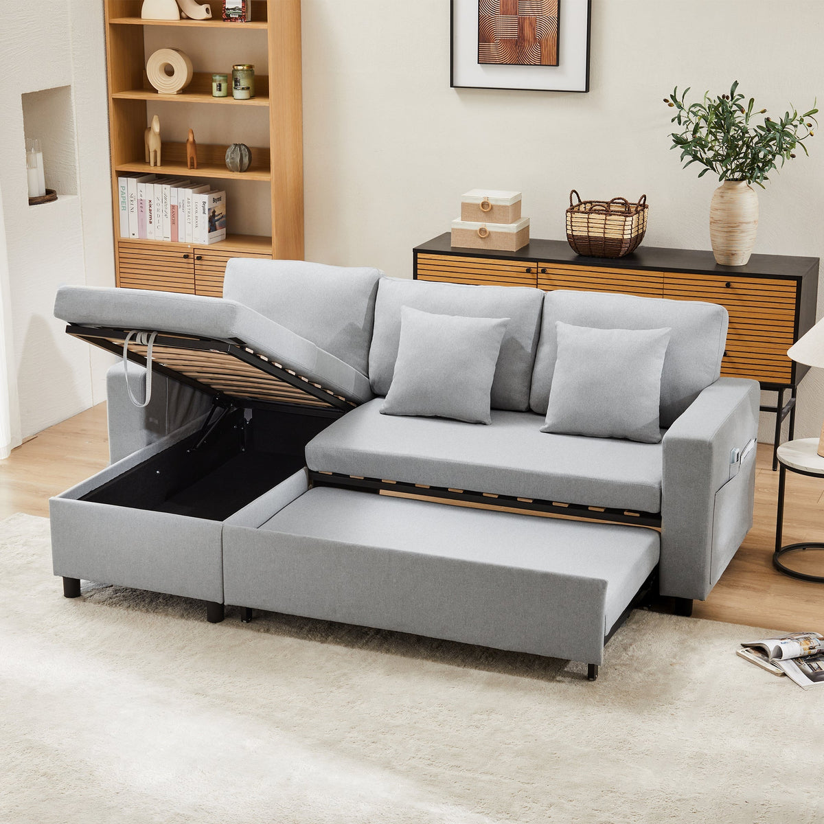 Sleeper Sofa L-Shaped Chaise Longue Reversible Storage with Pocket