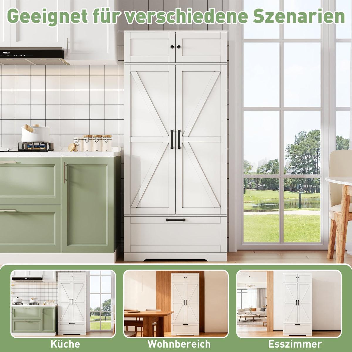Kitchen Storage Cabinet 80x40x180cm Freestanding with Wine Rack & Adjustable Shelves, Industrial Style