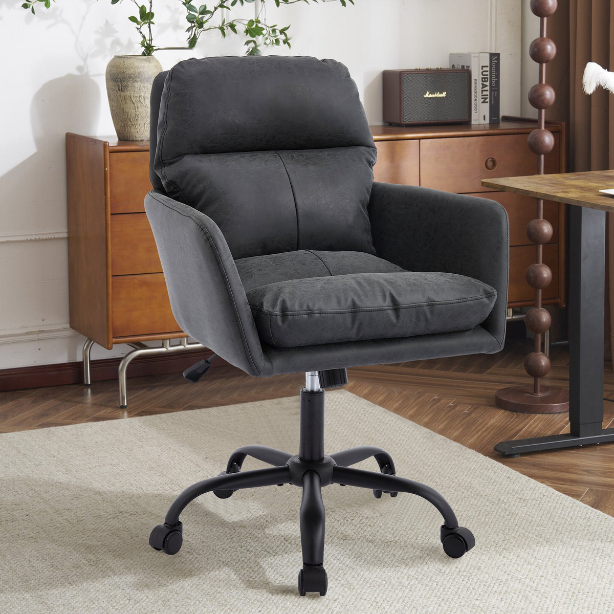 Office Chair with Height Adjustable Black Base, Black PU Faux Leather