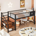 Low Loft Bed with Storage Ladder and Metal Frame, 90x200cm, Black Metal
