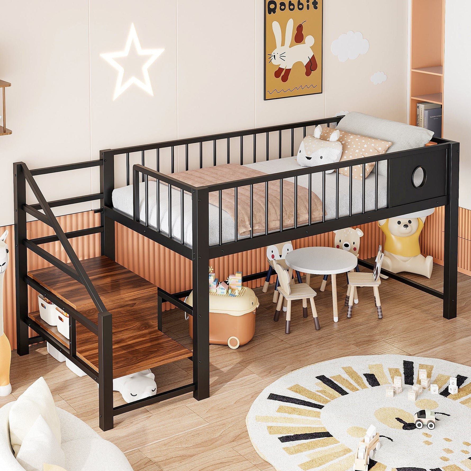 Low Loft Bed with Storage Ladder and Metal Frame, 90x200cm, Black Metal