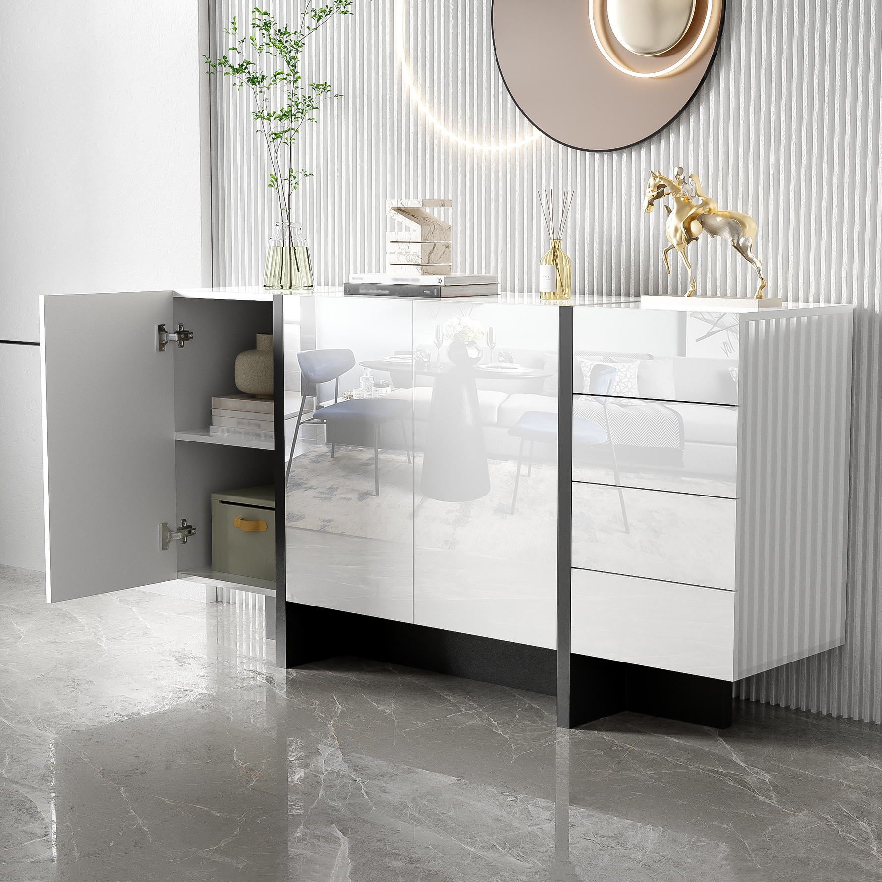 Sideboard, 2-Door 4-Drawer Modern, White High-Gloss
