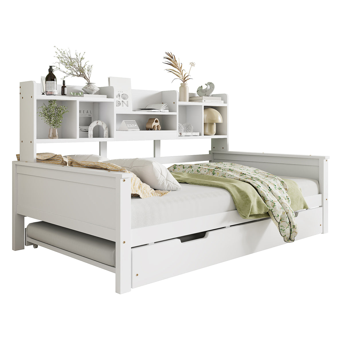 Extendable Sofa Bed 90x200cm with Pull-Out Bed & Storage, White Wood