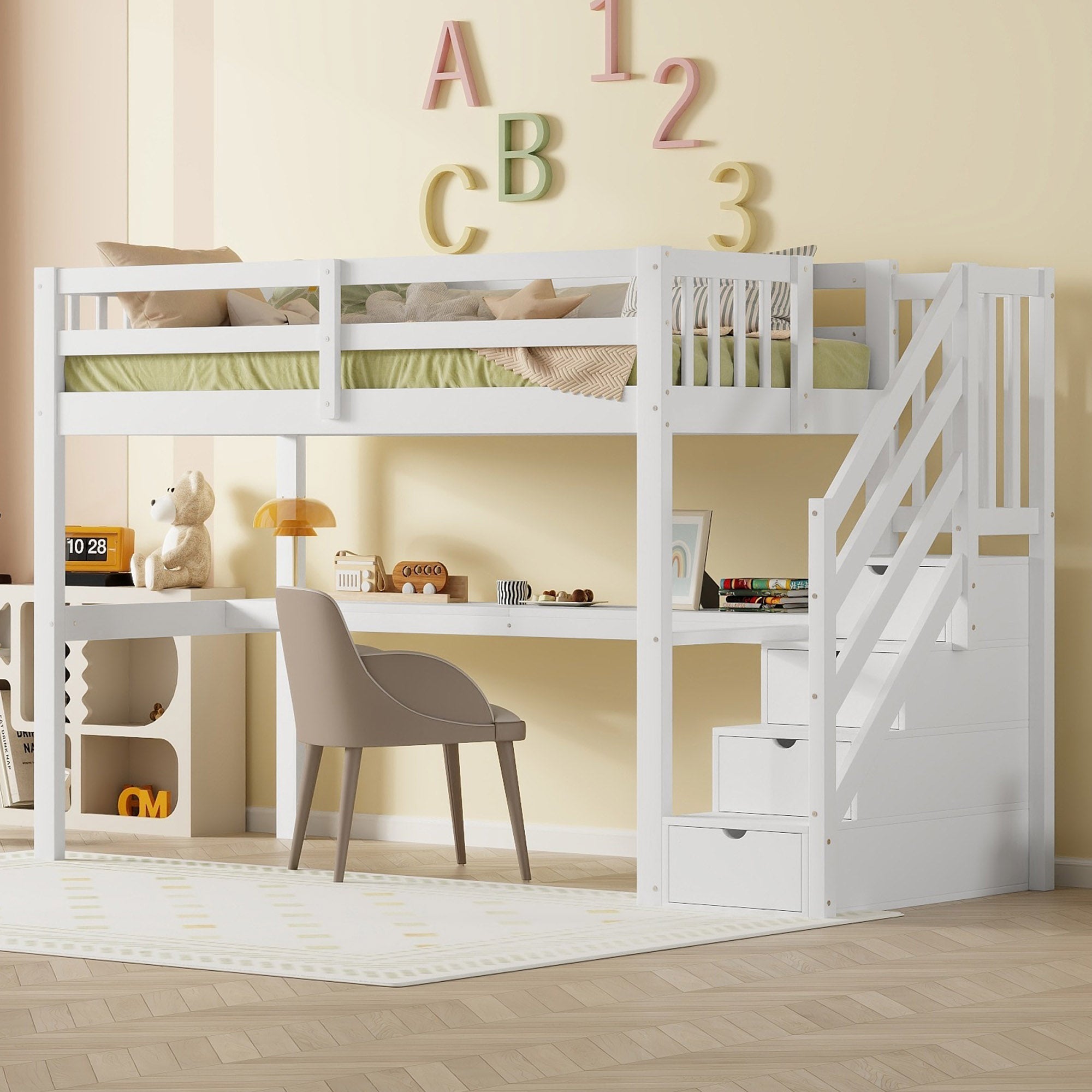 Loft Bed 90x200 Storage Drawers Under-Bed Desk - White