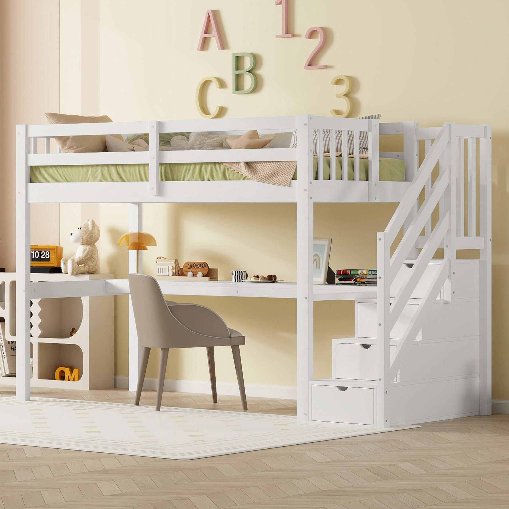 Loft Bed 90x200 Storage Drawers Under-Bed Desk - White