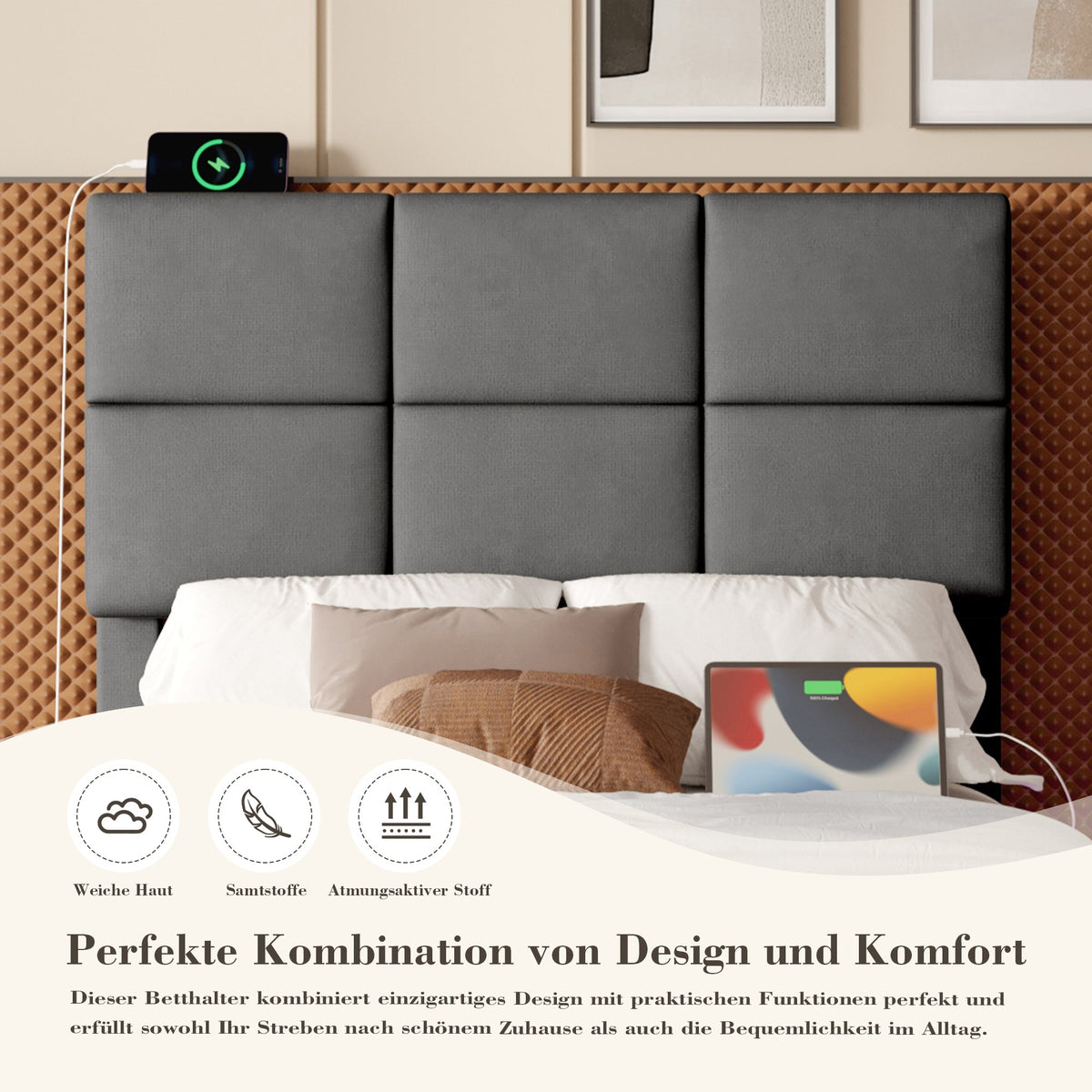 Modern Upholstered Bed 90x200cm, Adjustable Headboard, USB/LED, Hydraulic Storage - Gray Velour
