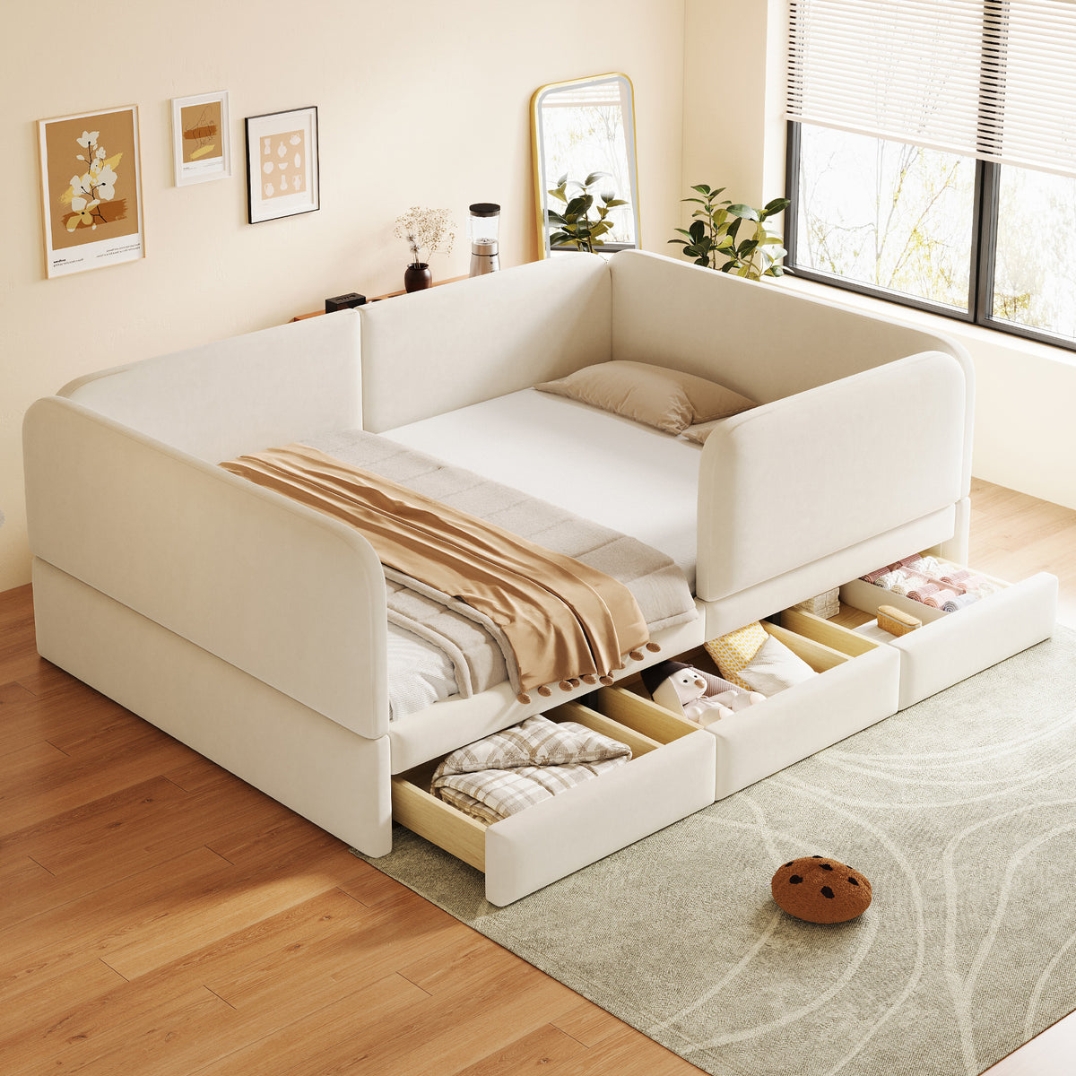 Upholstered Children's Bed 140x200cm with Drawer, Beige Velvet