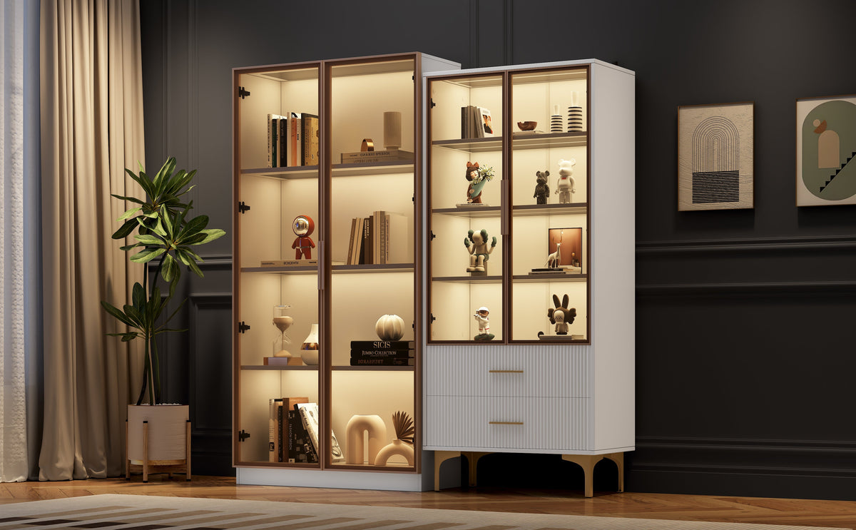 Modern Living Room Set: Two Glass Display Cabinets with LED Lighting, Adjustable Shelves, White Platinum Finish