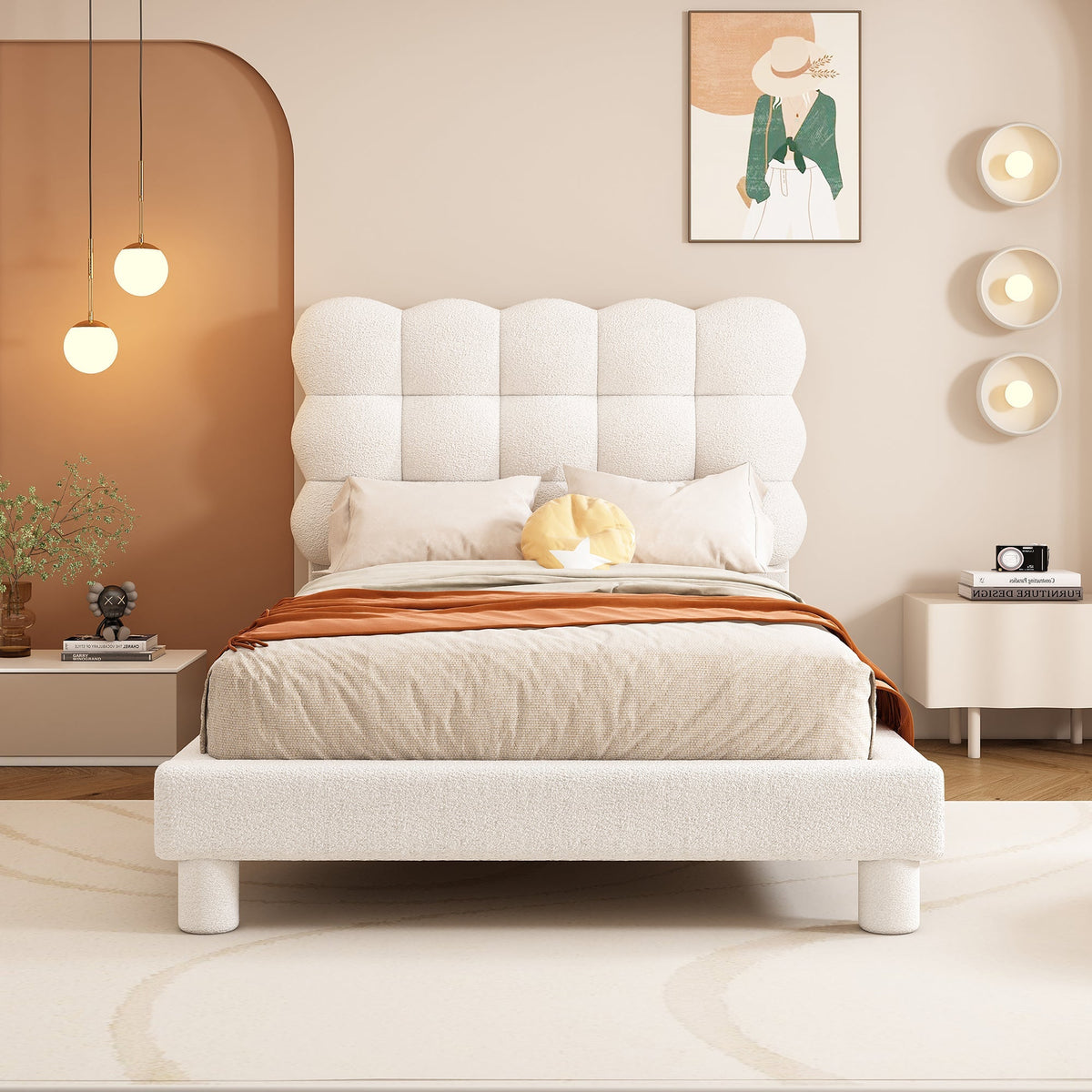 Upholstered Bed 90x200cm Triple Adjustable Headboard - White