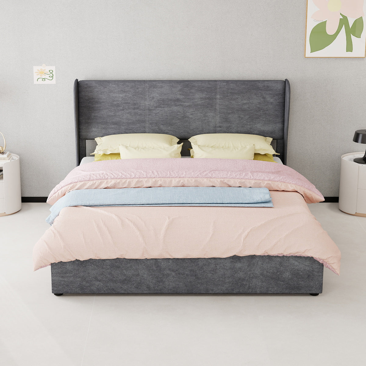 Modern Upholstered Bed with Gas Lift Storage, 160x200 cm - Grey