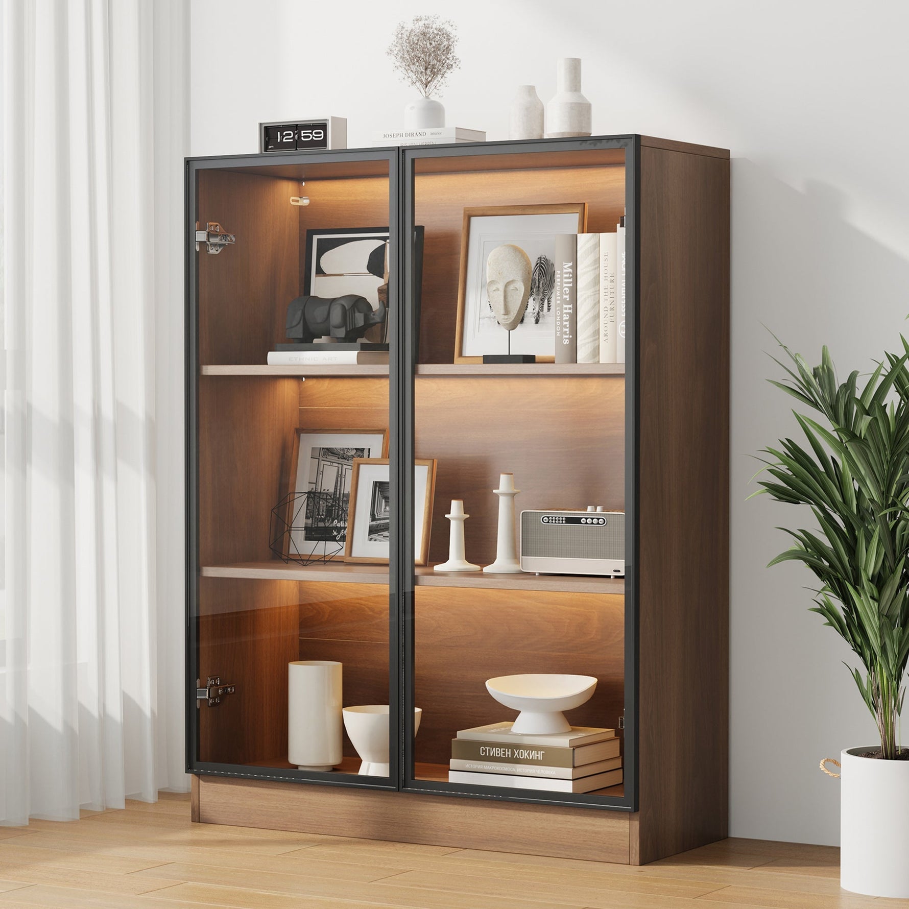 Glass Display Cabinet Collector's Stand LED Light 3-Tier Shelves Natural