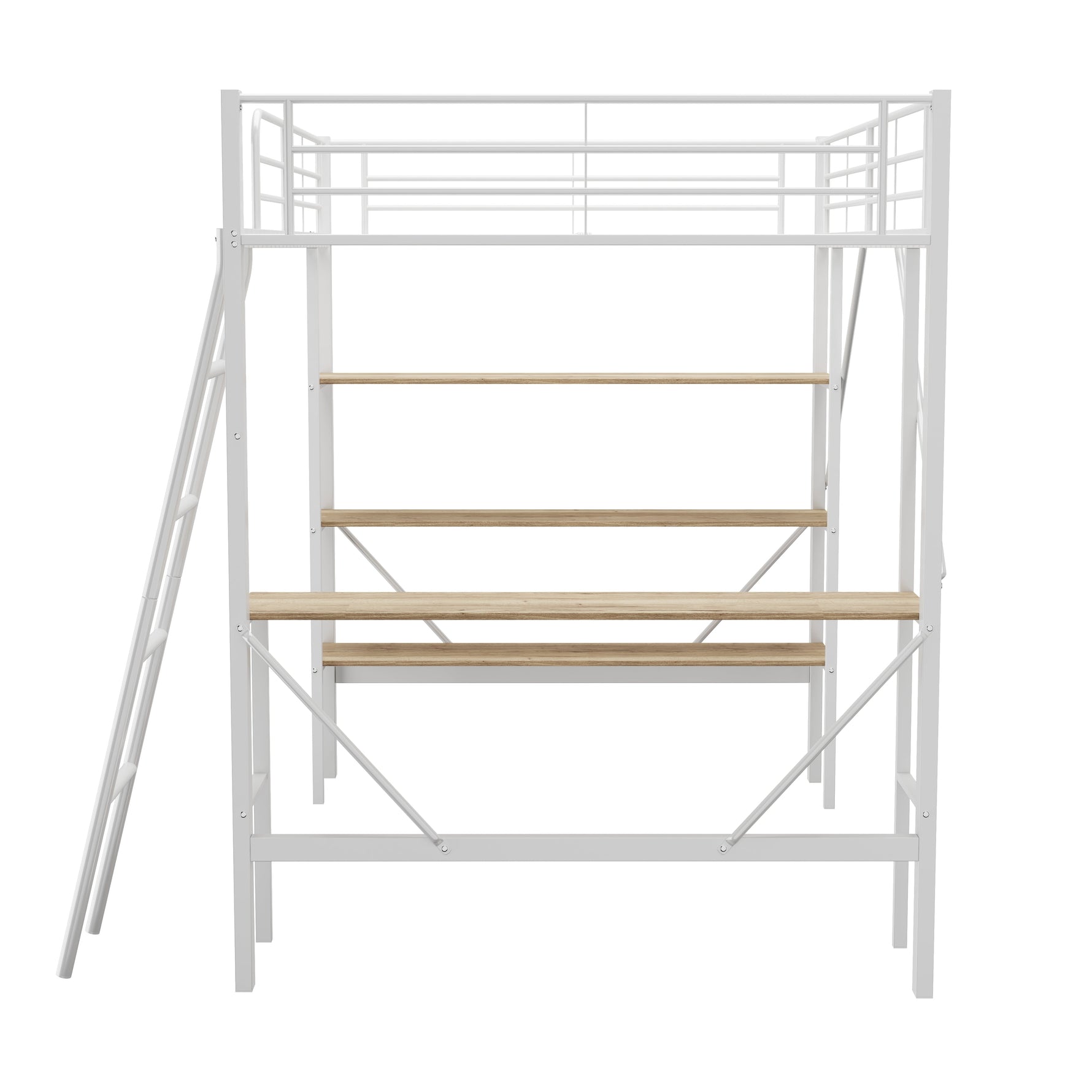 Loft Bed 90x200cm with Desk 3 Shelves - White Metal