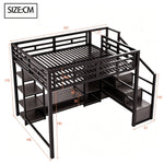 Loft Bed with TV Stand, Power Outlet and Safety Ladder, 140x200cm, Black Metal and Wood