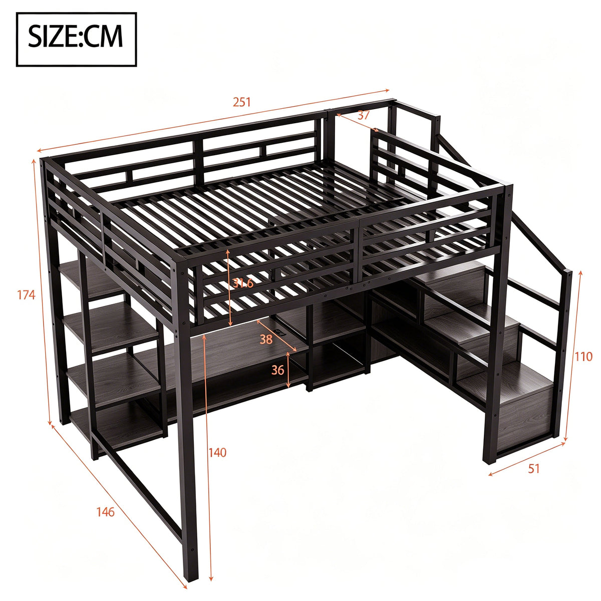 Loft Bed with TV Stand, Power Outlet and Safety Ladder, 140x200cm, Black Metal and Wood