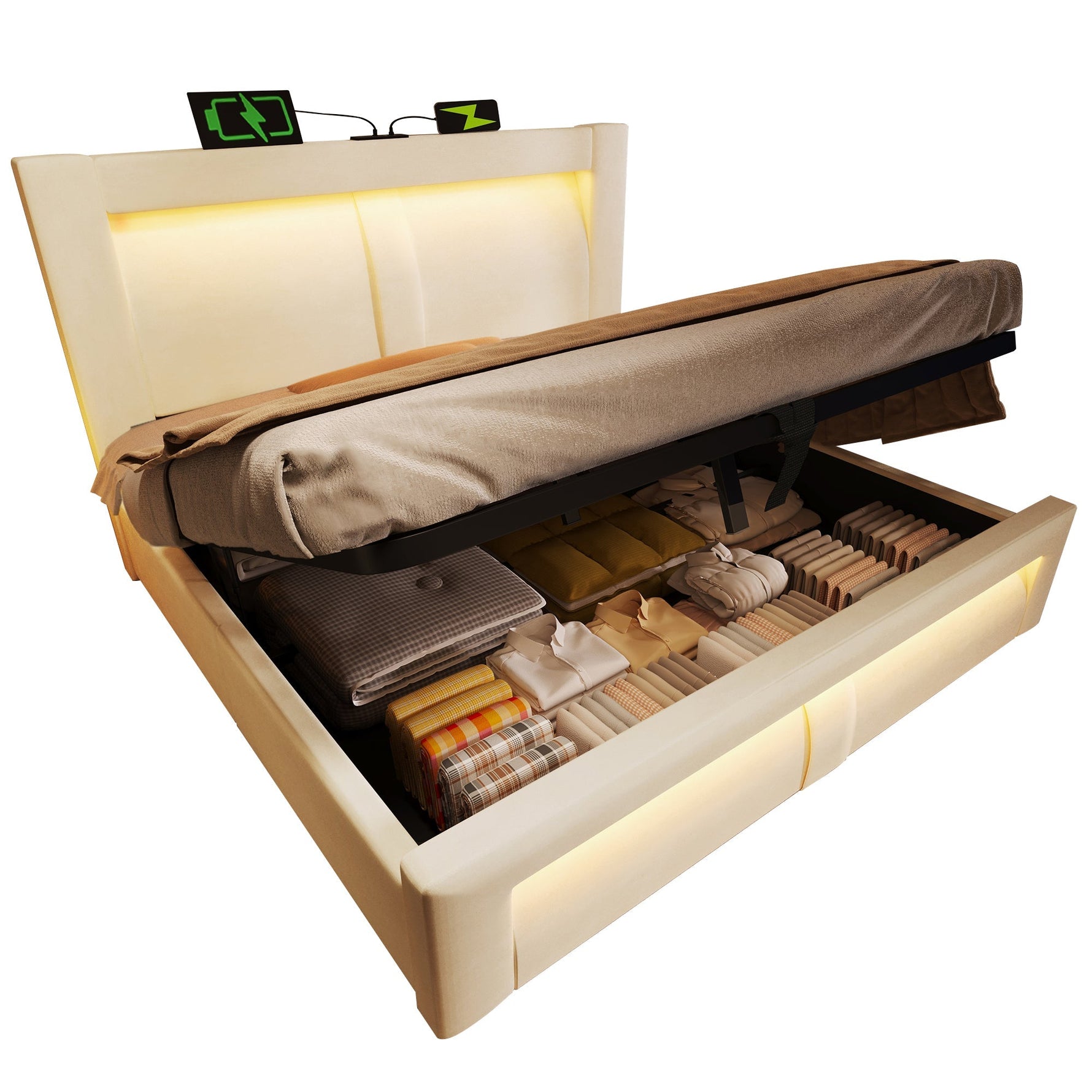 Double Bed with Hydraulic Storage, LED Lighting and Charging Ports, 140x200cm, Beige Velvet
