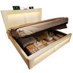 Double Bed 180x200cm Hydraulic Storage LED USB Charging Curved Headboard Beige Velvet