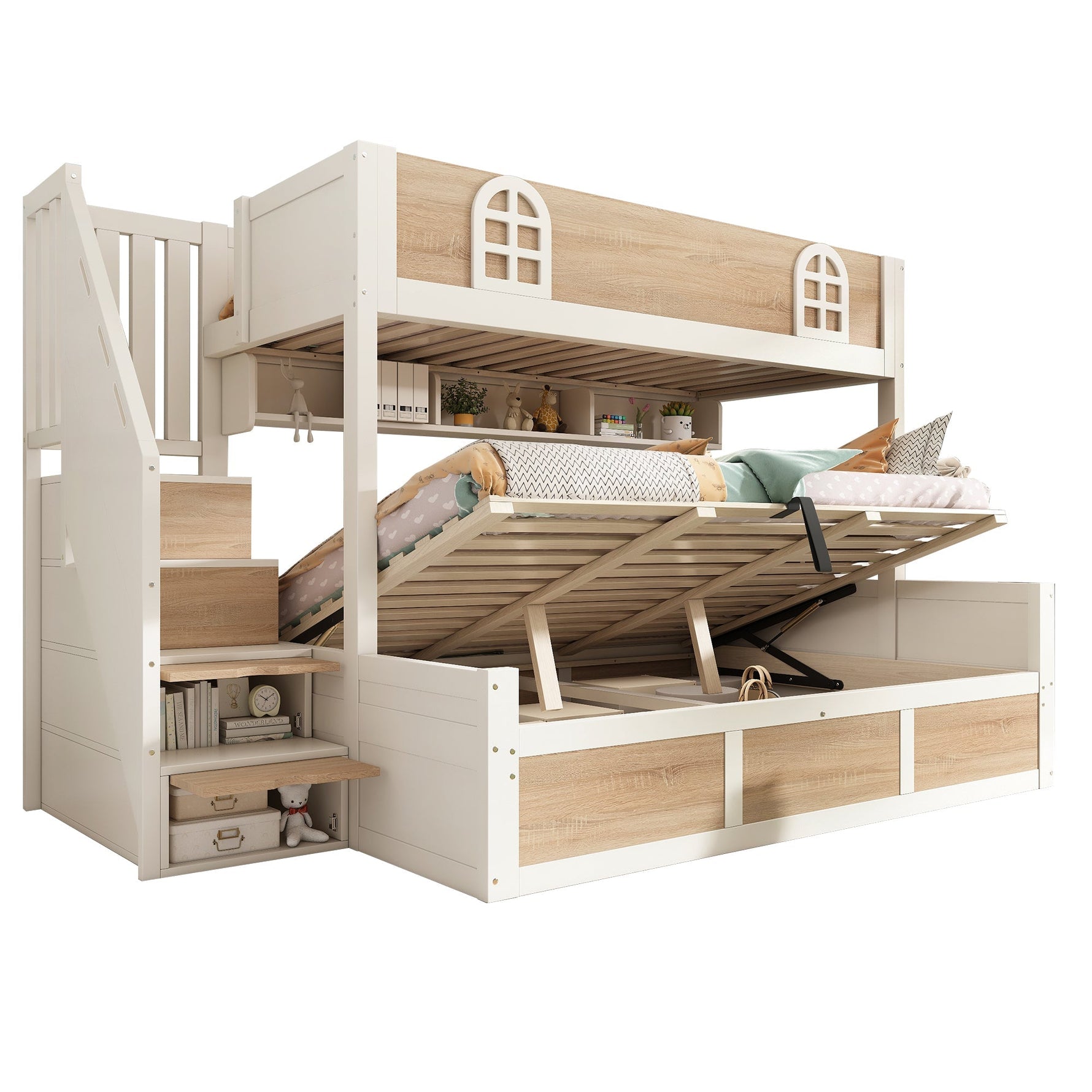 Children's Bunk Bed with Hydraulic Storage and Staircase Wardrobe, 90x200 and 140x200 cm, White and Natural Wood