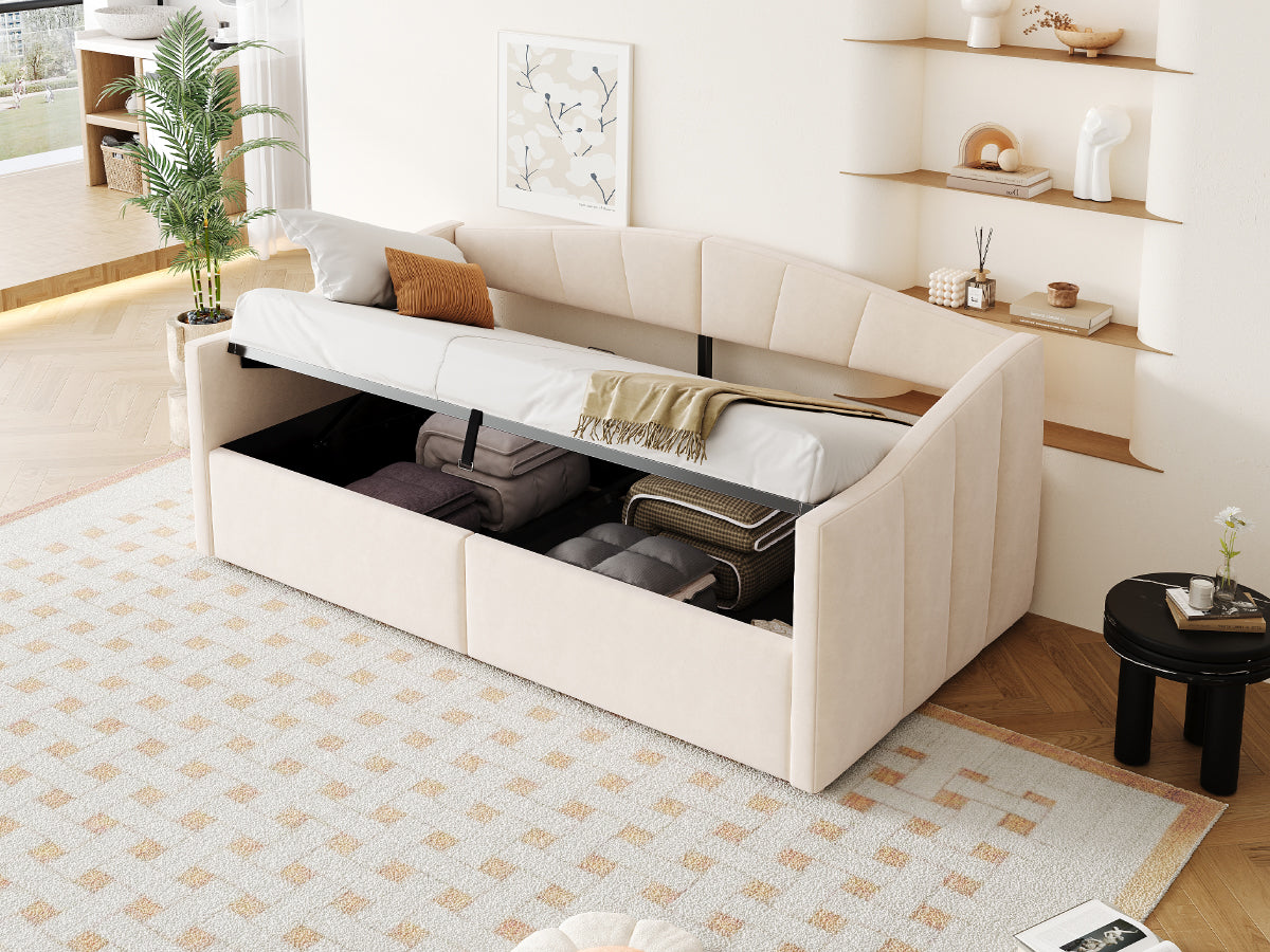 Upholstered Single Sofa Bed 90x200cm Hydraulic Storage Armrests Striped - Velvet Beige