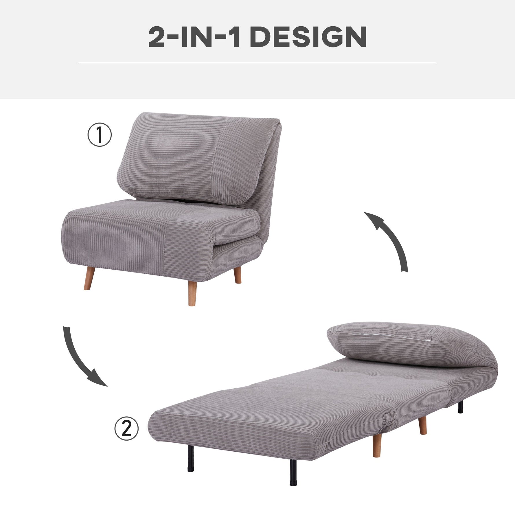 2-in-1 Sofa Bed Sleeper Chair Adjustable Folding Mattress Corduroy Light Grey