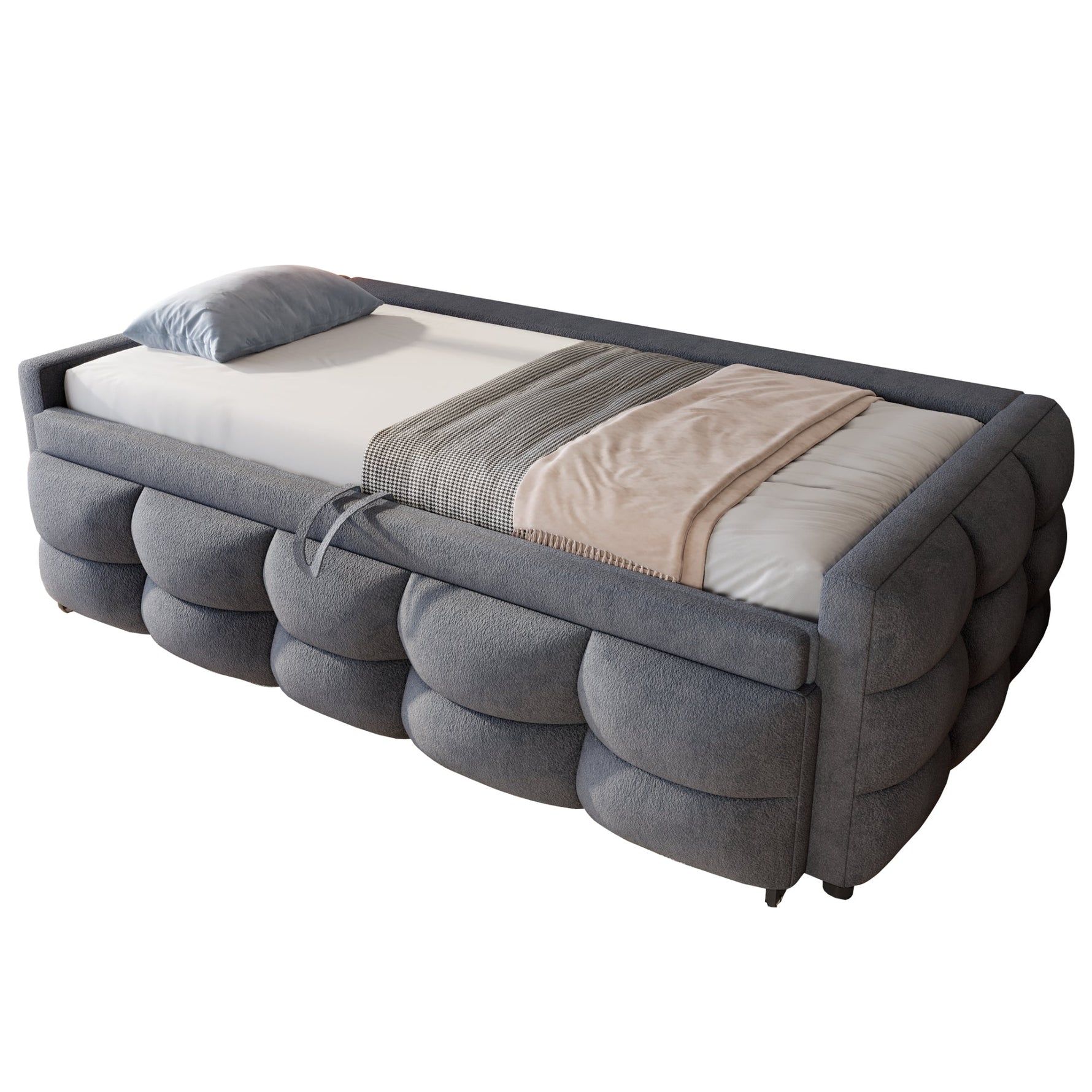 Extendable Upholstered Sofa Bed with Slatted Base and Teddy Velvet Fabric, Grey