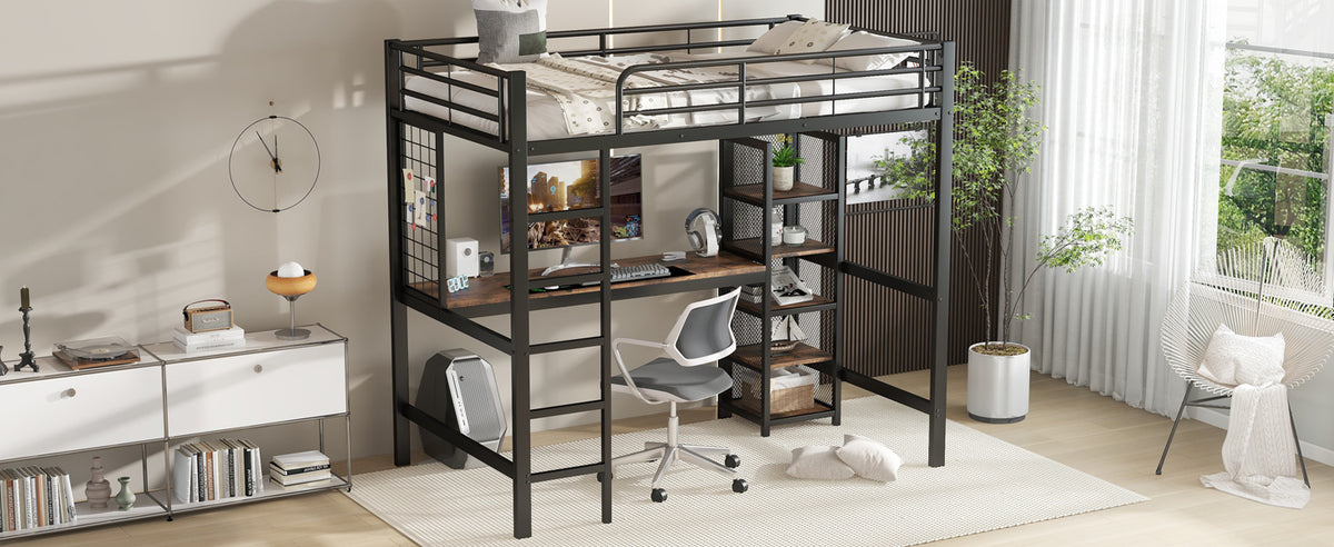 Loft Bed with Desk & Shelves 90x200cm - Black & Dark Wood