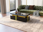 Modern Rectangular Coffee Table with 2 Drawers, High-Gloss and Marble