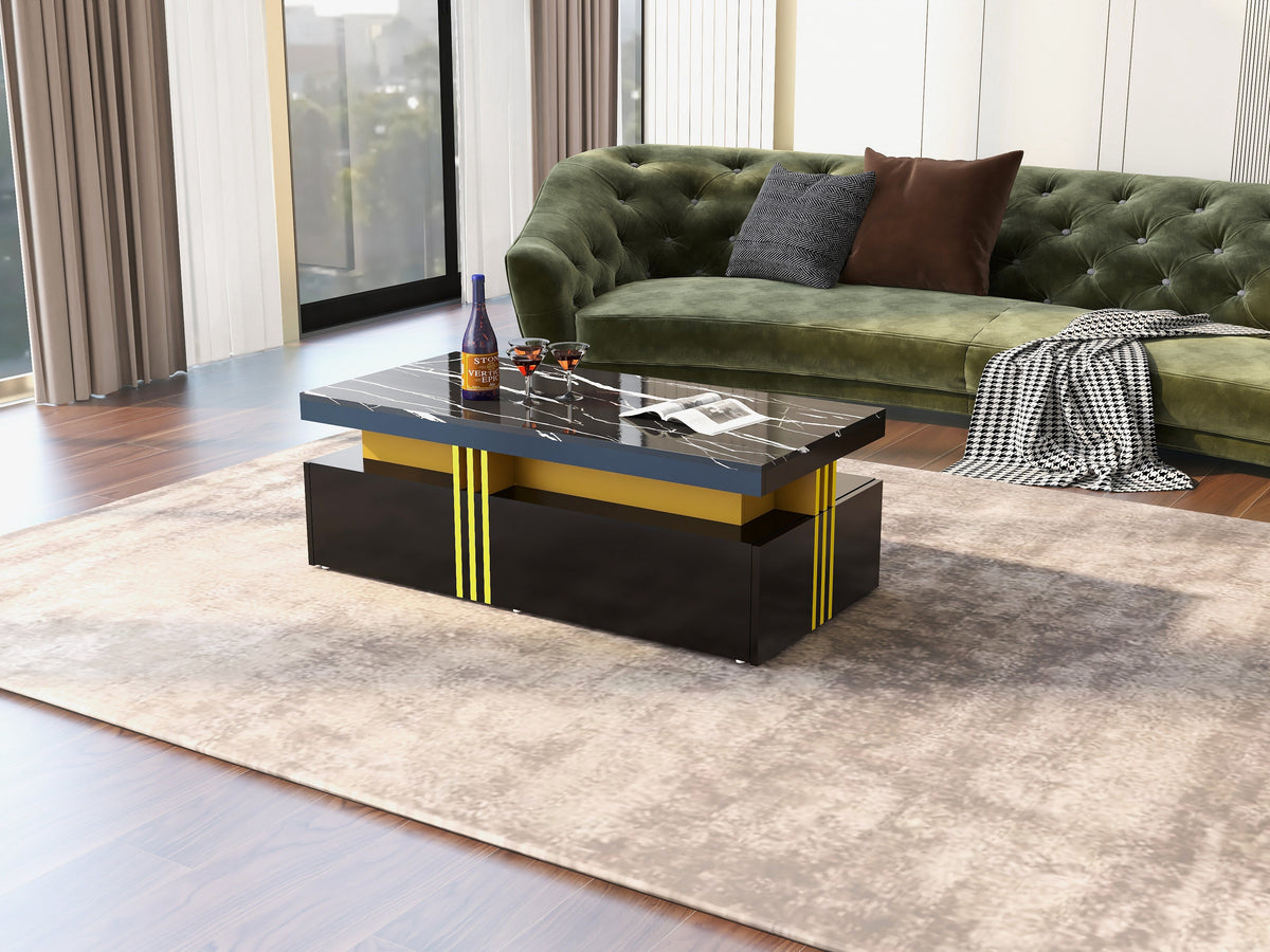 Modern Rectangular Coffee Table with 2 Drawers, High-Gloss and Marble