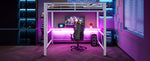 Gaming Metal Loft Bed Frame with LED Lighting, USB Charging Station and Desk, White