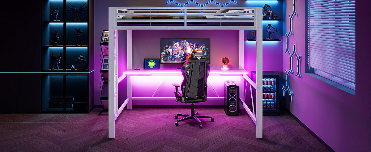 Gaming Metal Loft Bed Frame with LED Lighting, USB Charging Station and Desk, White