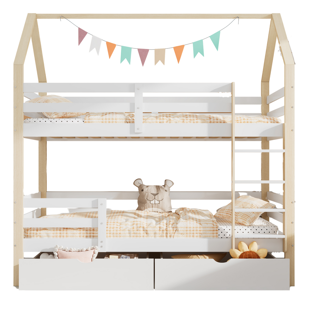 Children's House Bed 90x200cm with Large Drawers Pine Wood white+wood color