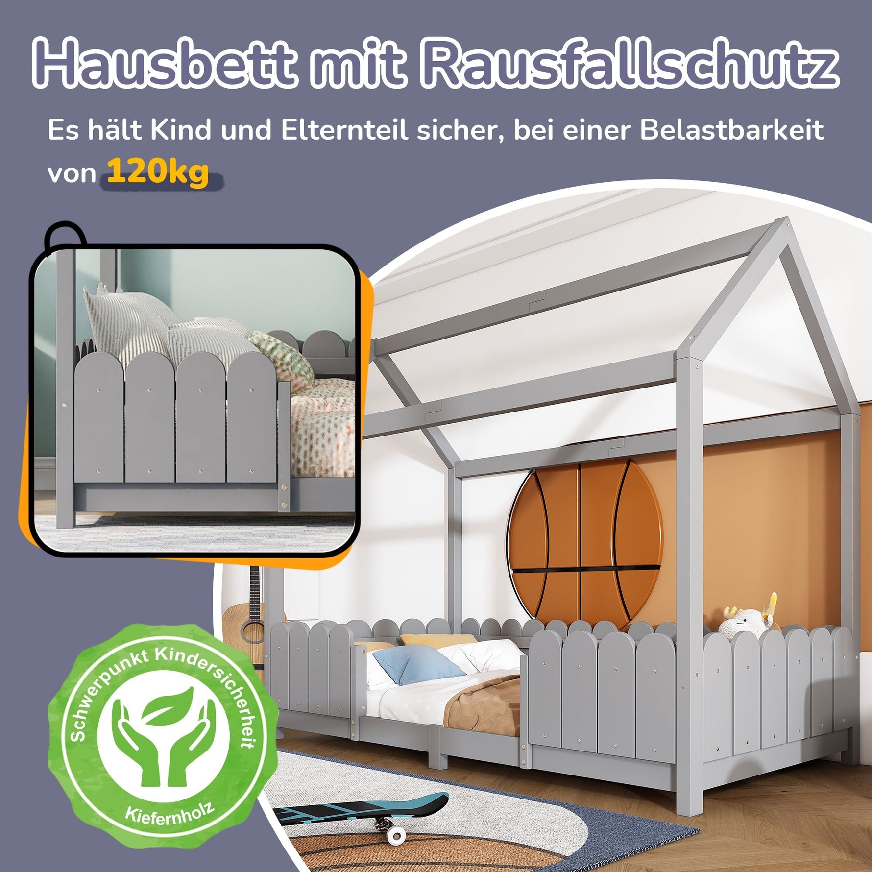 House Bed 90x200cm Versatile Children's Bed with Fall Protection and Slatted Frame, Grey