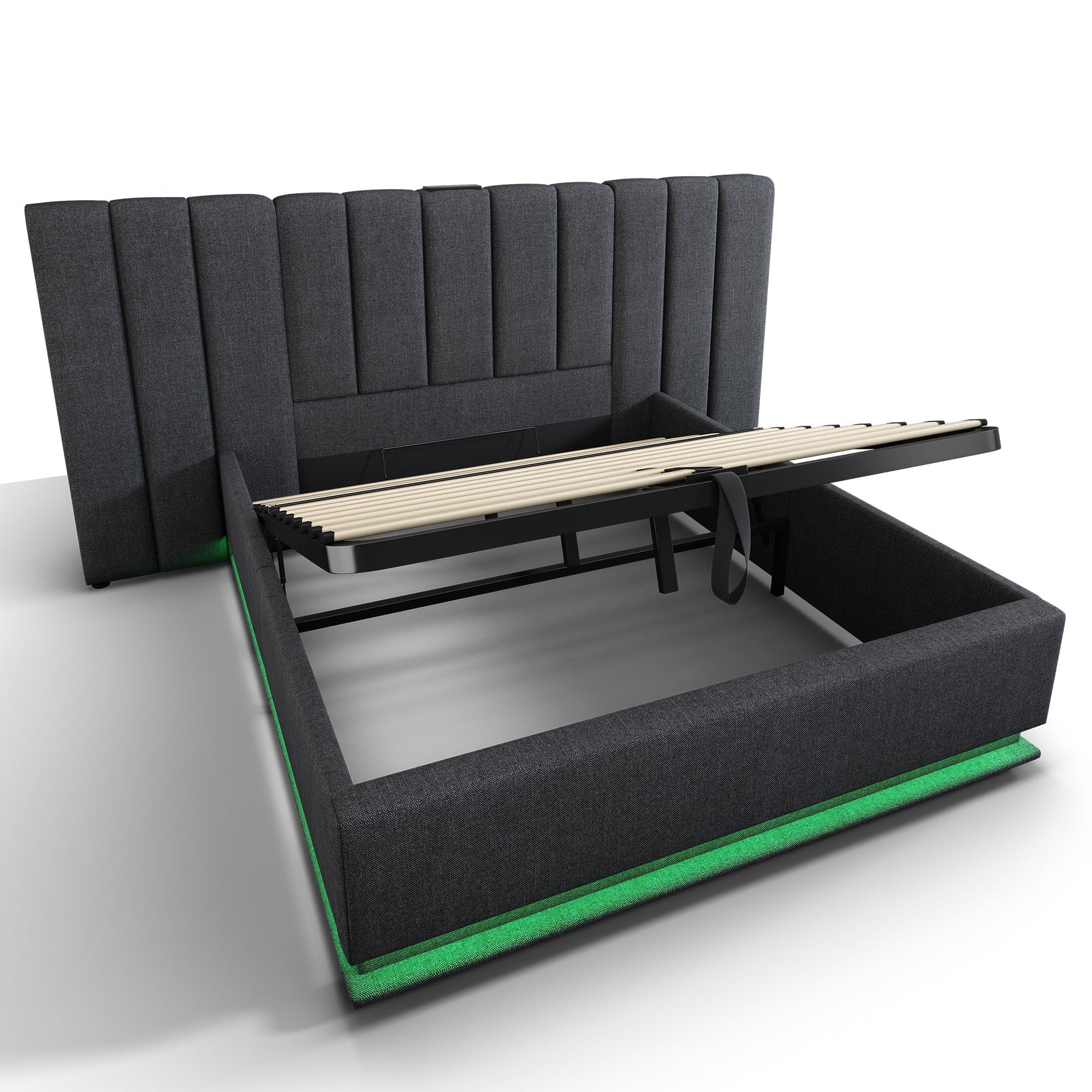 Upholstered Bed 180x200 Storage LED/USB-C Slatted Base, Linen Grey