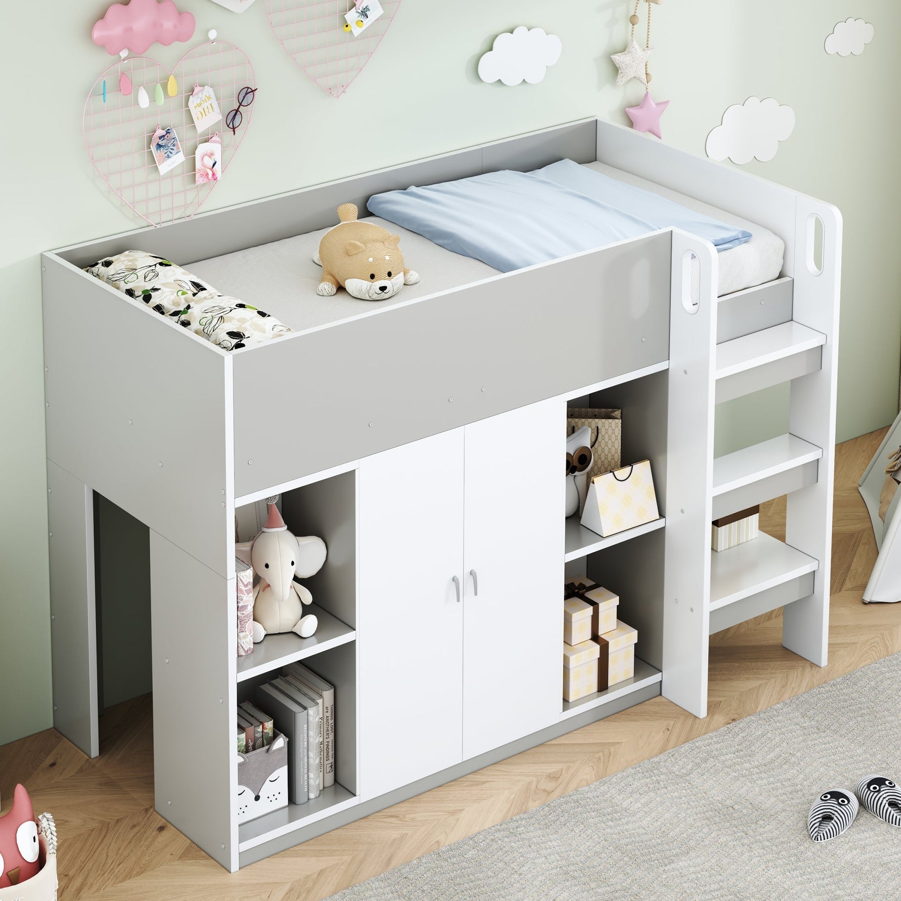Loft Bed 90*200, Multifunctional with Storage, Wardrobe, Shelves, Ladder, Gray