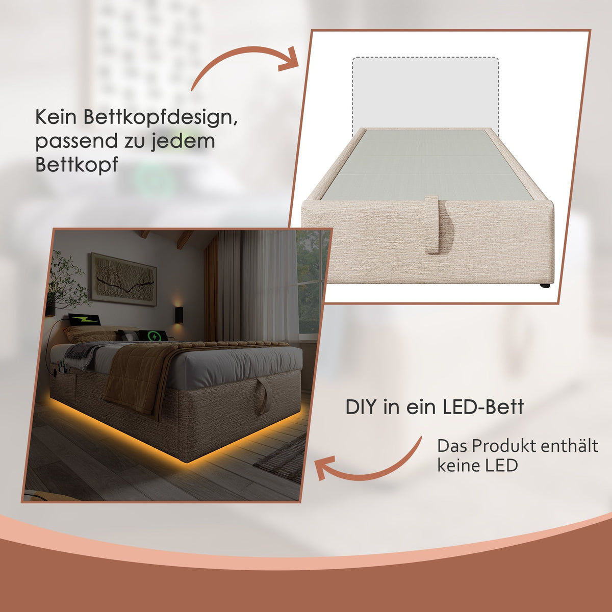 Upholstered Double Bed, 140x200 cm, with USB-C, Linen Natural