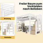 Loft Bed with Storage Steps, LED Lights and Iron Frame, 90 x 200 cm, White