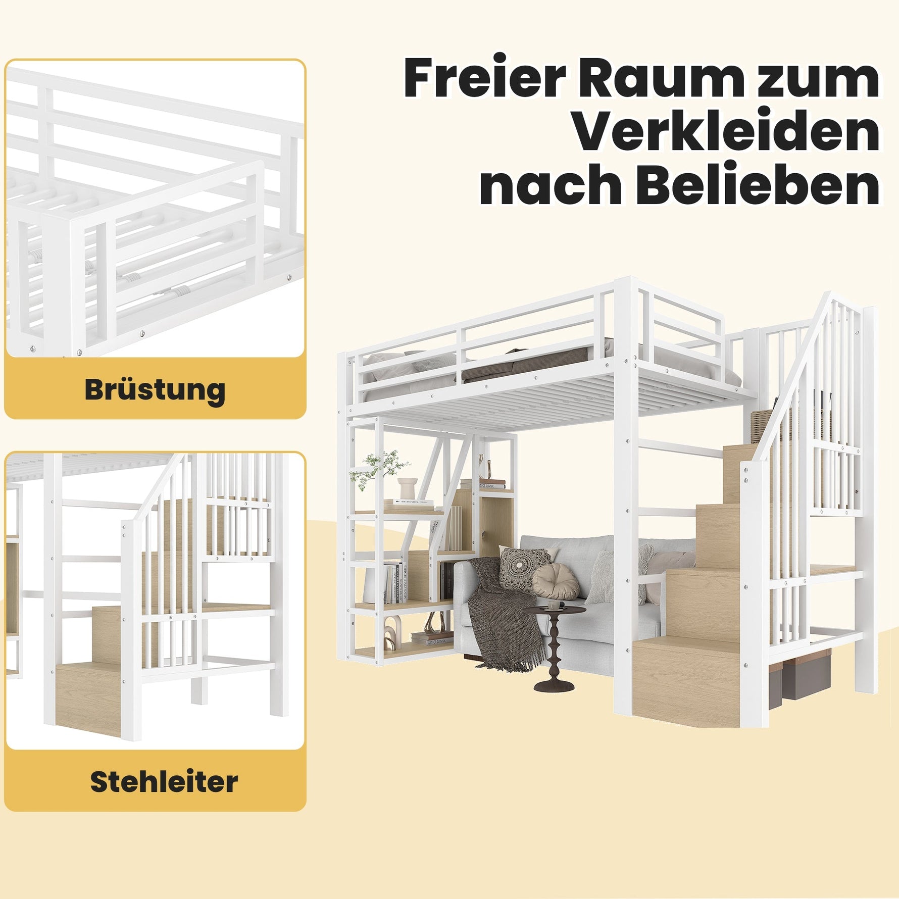 Loft Bed with Storage Steps, LED Lights and Iron Frame, 90 x 200 cm, White