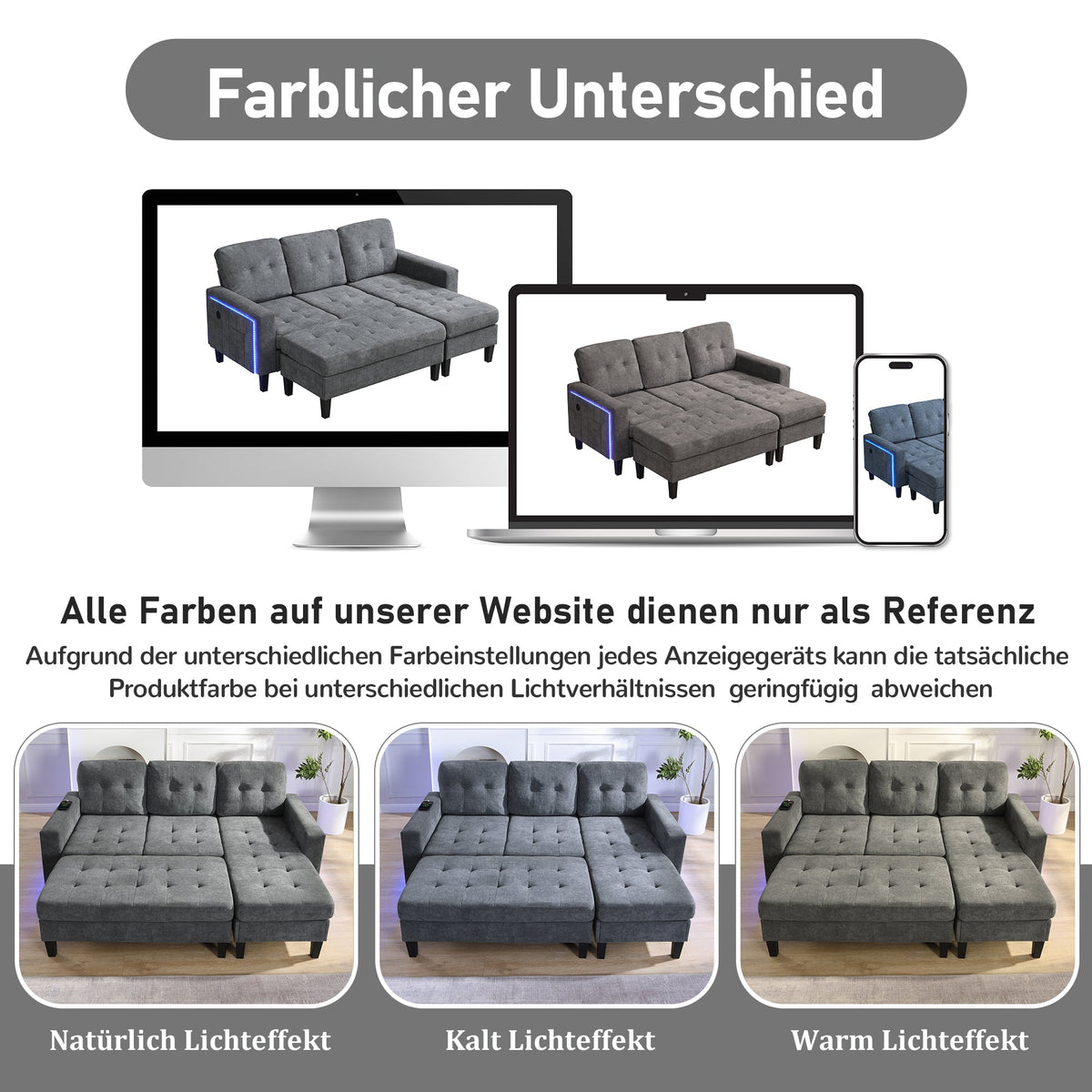 L-Shaped Sofa Set, Multifunctional with Movable Footstool & LED Lighting, Modern Modular