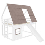 Wooden House Bunk Bed with Roof, Ladder and Slide, 140 x 200, White and Brown