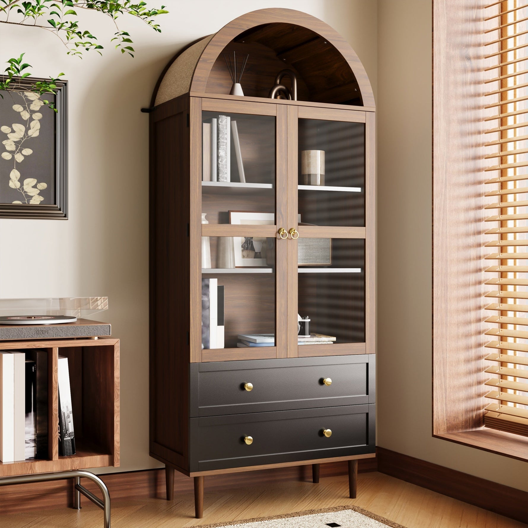Retro Storage Cabinet with Adjustable Shelves and Curved Glass, Luxurious Sideboard