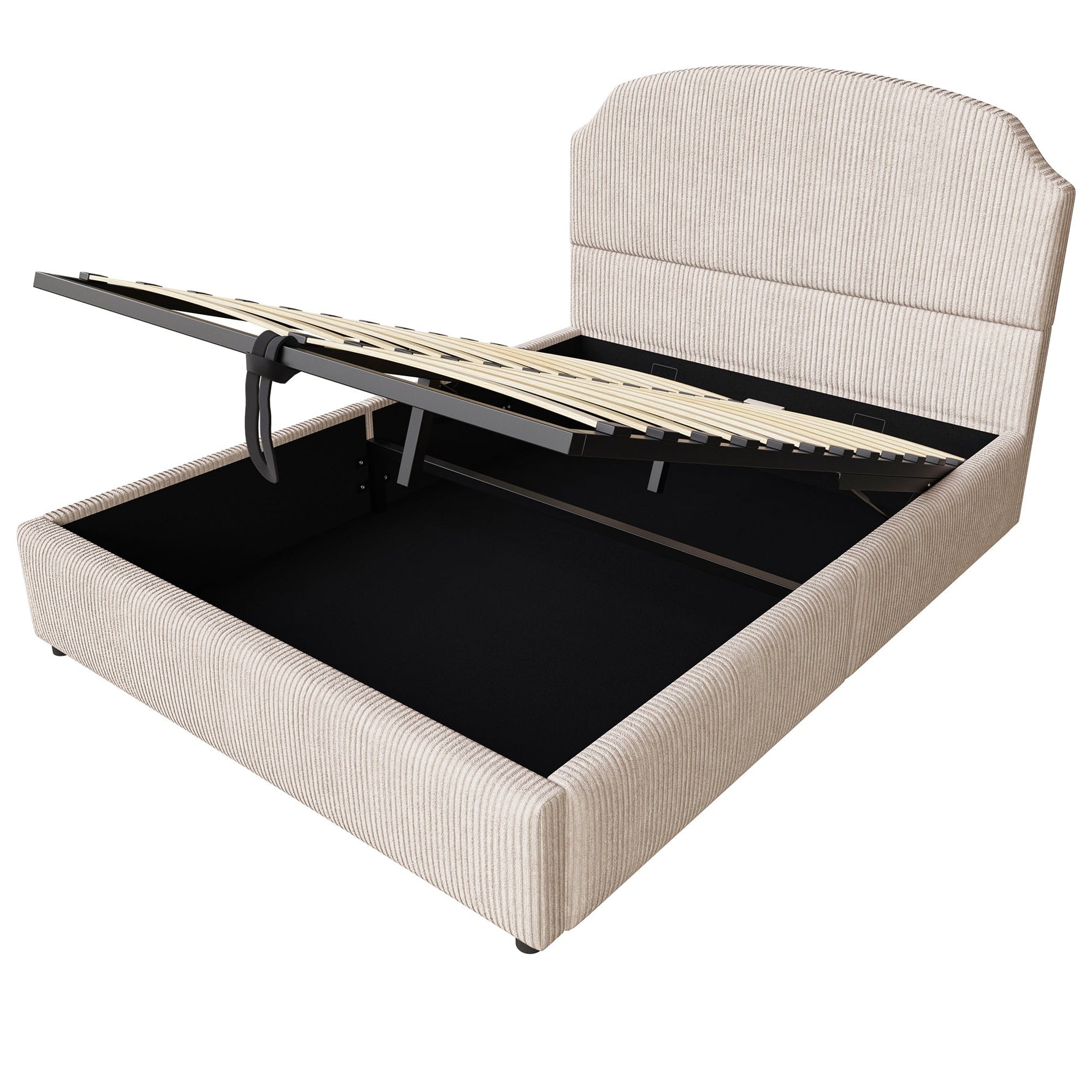 Upholstered Double Bed 140x200 with Hydraulic Storage and Wide Headboard, Beige Striped Plush