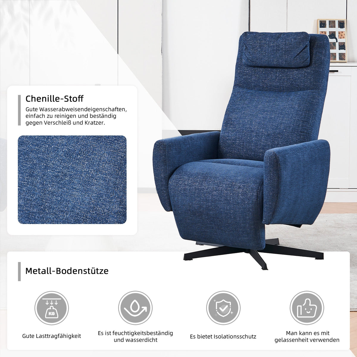 022 Recliner Chair, Comfortable with Reclining Function, Footrest, Swivel, Chenille, Blue